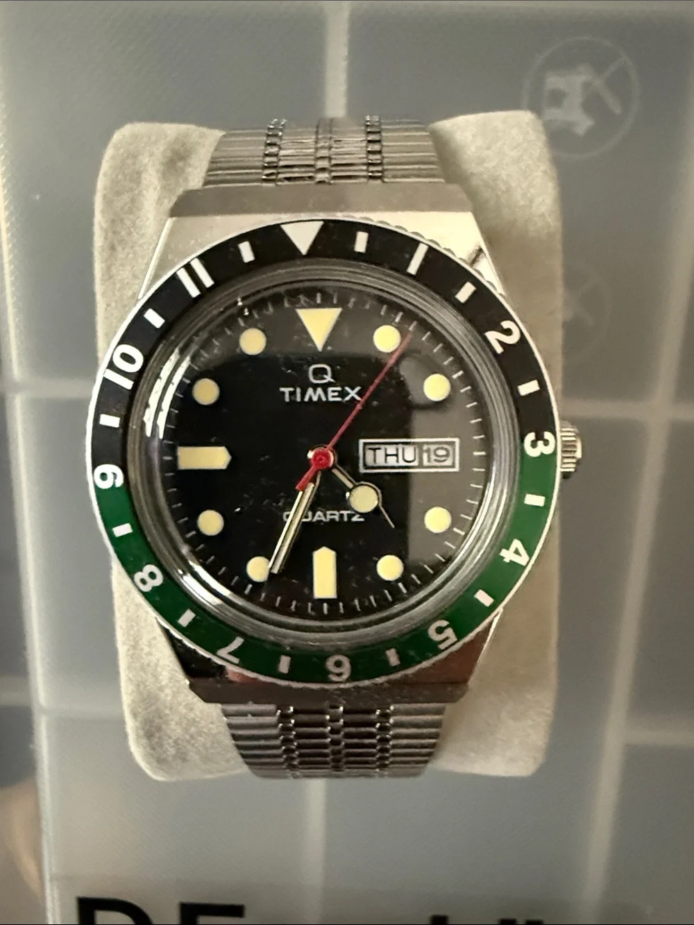 Timex Q Re-issue Black Dial Watch with Green and Black Bezel